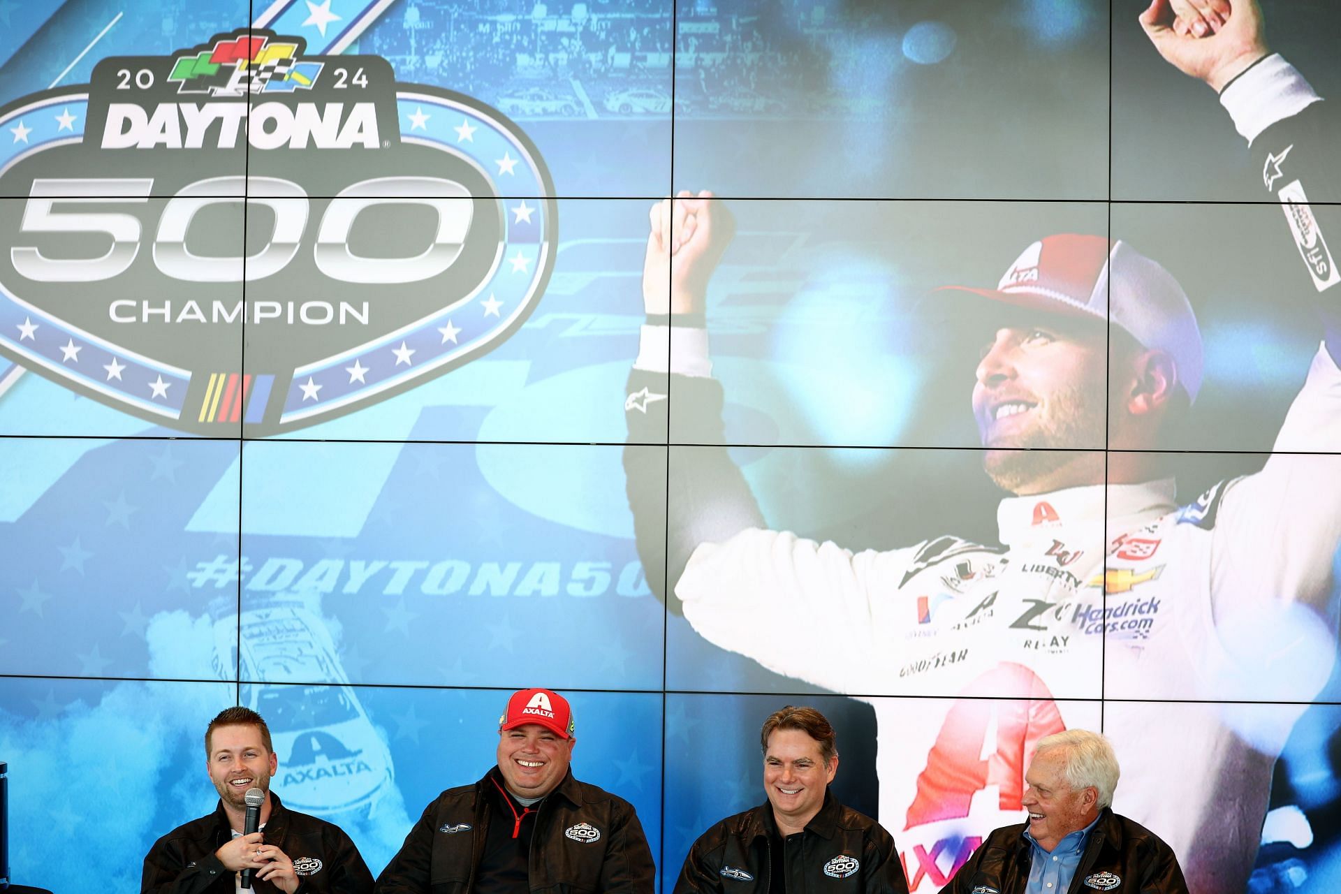(L-R) William Byron, Rudy Fugle, Jeff Gordon, and Rick Hendrick during the 2024 Daytona 500 Champion Celebration at Hendrick Motorsports Campus. Source: Getty